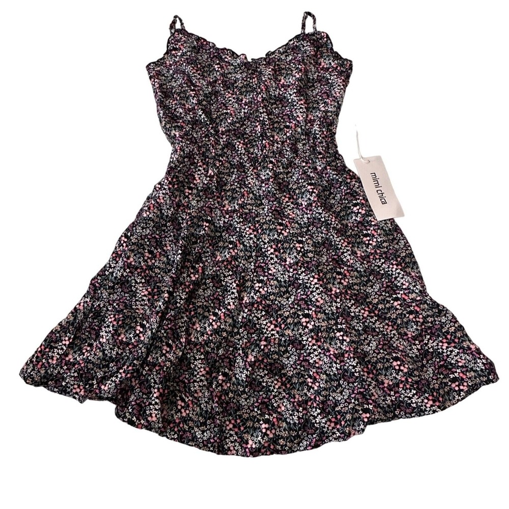 Mimi Chica Womens S Floral Rayon Smocked Strappy‎ Mini Dress Boho Festival